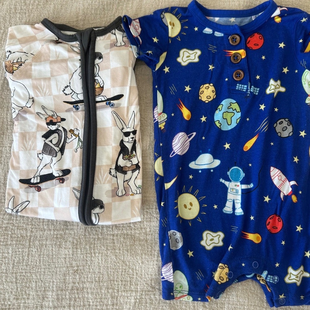 Fletch & Cute Cotton Bamboo Viscose Baby Romper Footie Bundle 3-6M Space Bunny